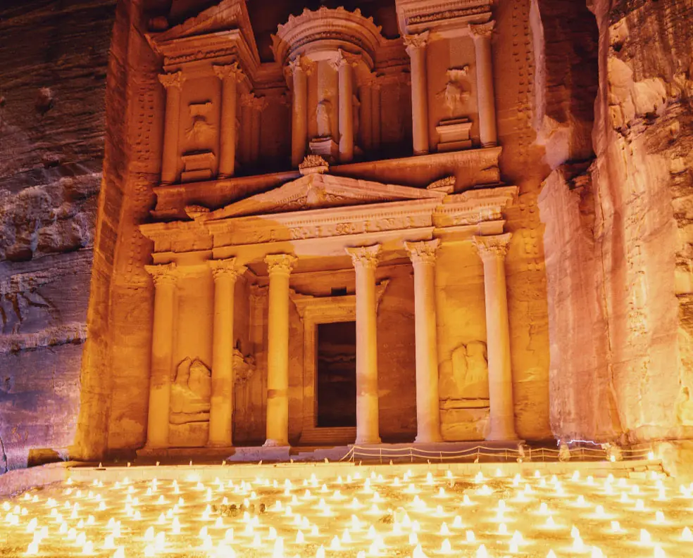 The Treasury at Petra lit by candlelight at night